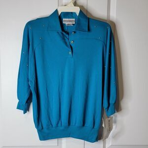 Vintage 90's Peter Popovitch Women's sz Small Blue Green LS Polo Studded NWT USA